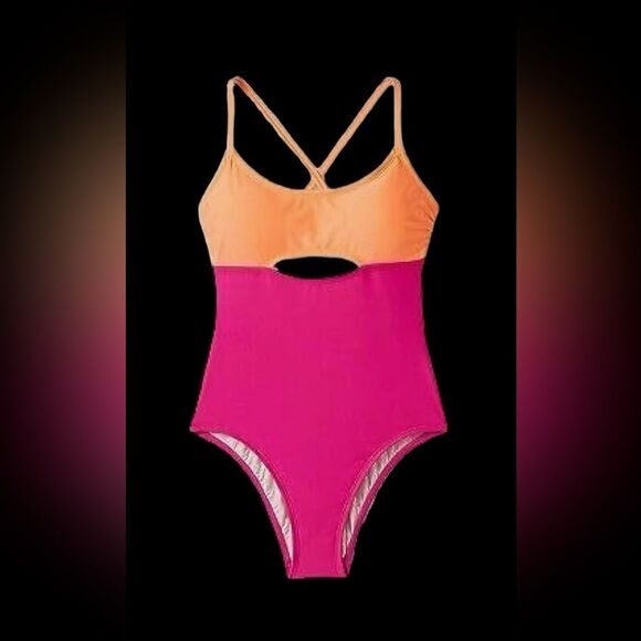 Women’s / juniors hot pink & sherbert cutout colorblock one piece swimsuit NWT L - Picture 3 of 4